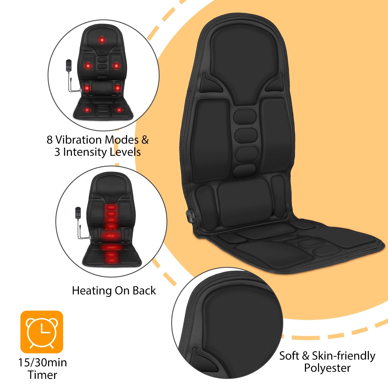 GetActive Electric Car Seat Massage Cushion | 8 Vibration Modes, Heat & 3 Intensity Levels | Chair & Car Use