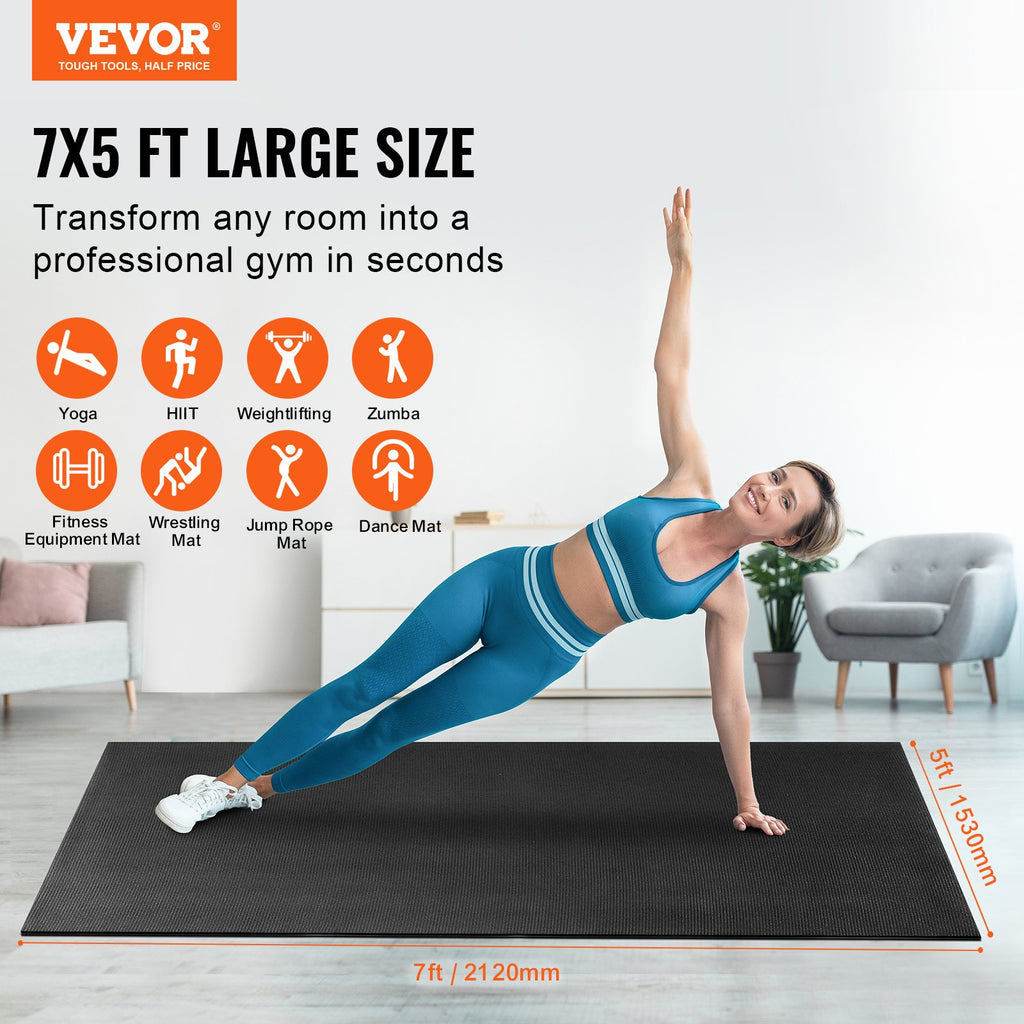 Black large exercise mat with 7x5 ft dimensions and cushioned training surface