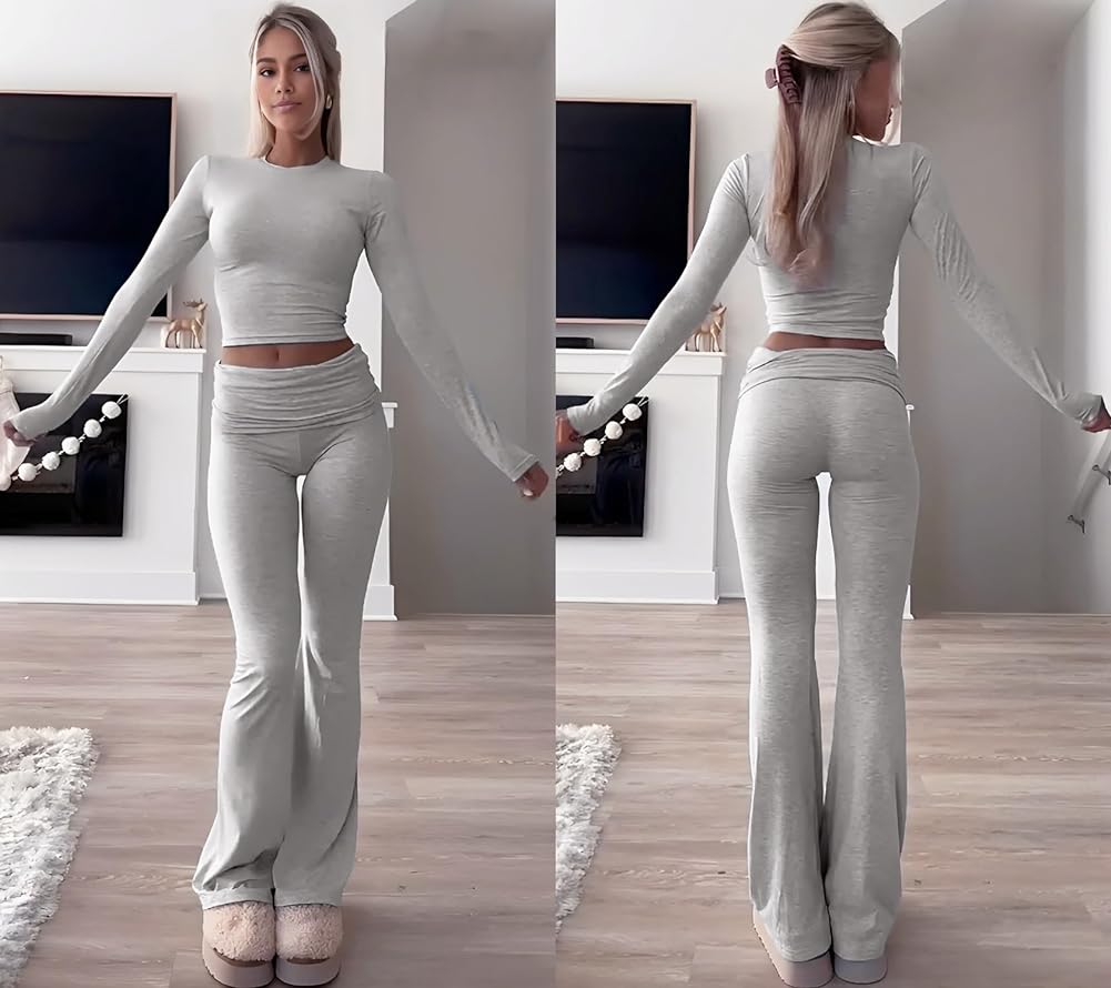 Light gray long-sleeve crop top and flared pants set, matching lounge outfit