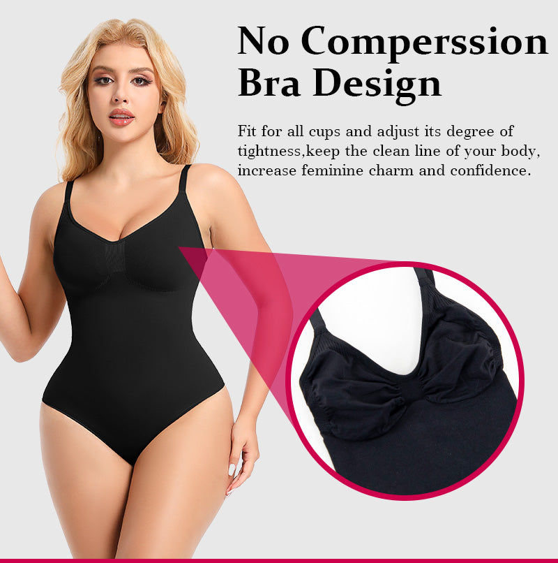 Black seamless bodysuit with smooth front, rounded neckline, and fabric detail inset