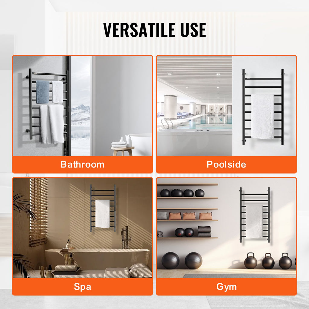 Black towel warmer rack with folded white towels shown in multiple room settings