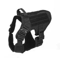 Black tactical dog harness with padded chest panel, quick-adjust buckles, side view