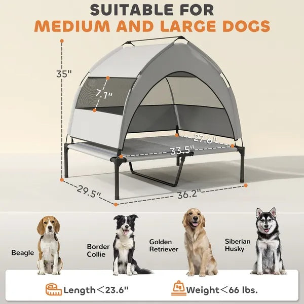 Grey portable dog cot with canopy, sized for medium and large dogs