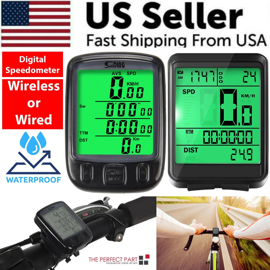 Wired and wireless bike speedometers with green LCD screens and handlebar mounts