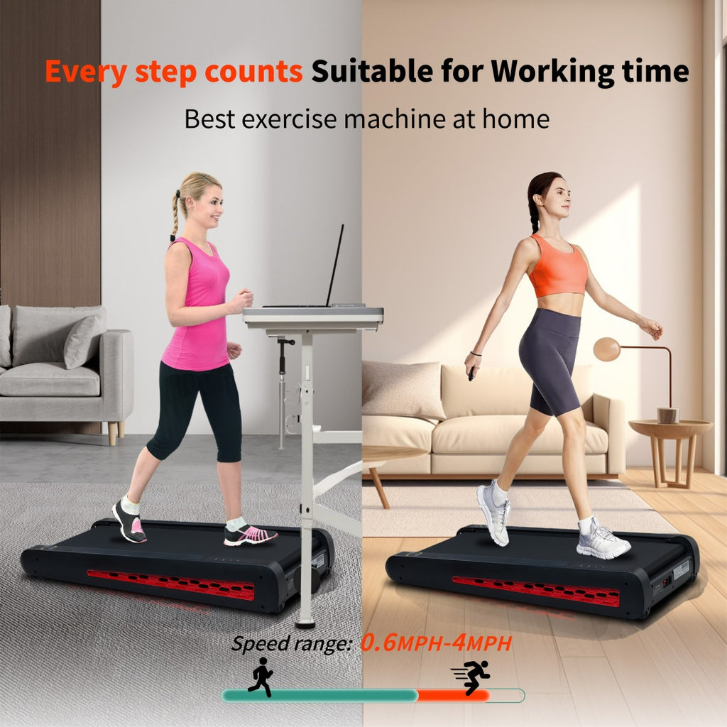 Black incline walking pad treadmill with red vent panel, in-home walking use