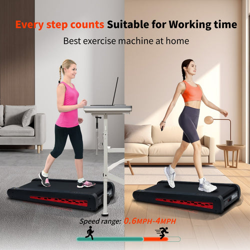 Black incline walking pad treadmill with red vent panel, in-home walking use
