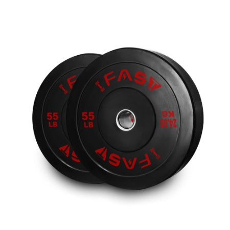 Pair of black 55 lb rubber-coated bumper weight plates with 2-inch steel inserts, stacked