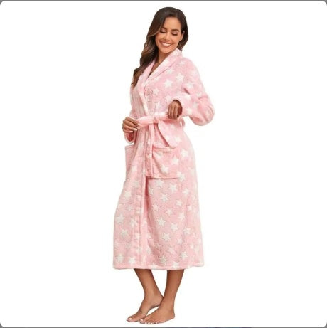 Pink plush hooded bathrobe with star pattern, belt tie, and long sleeves