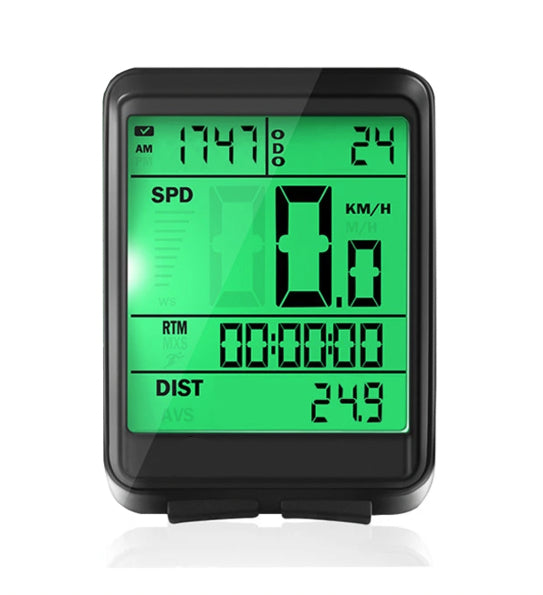 Square black bike speedometer with green LCD showing SPD in KM/H and distance