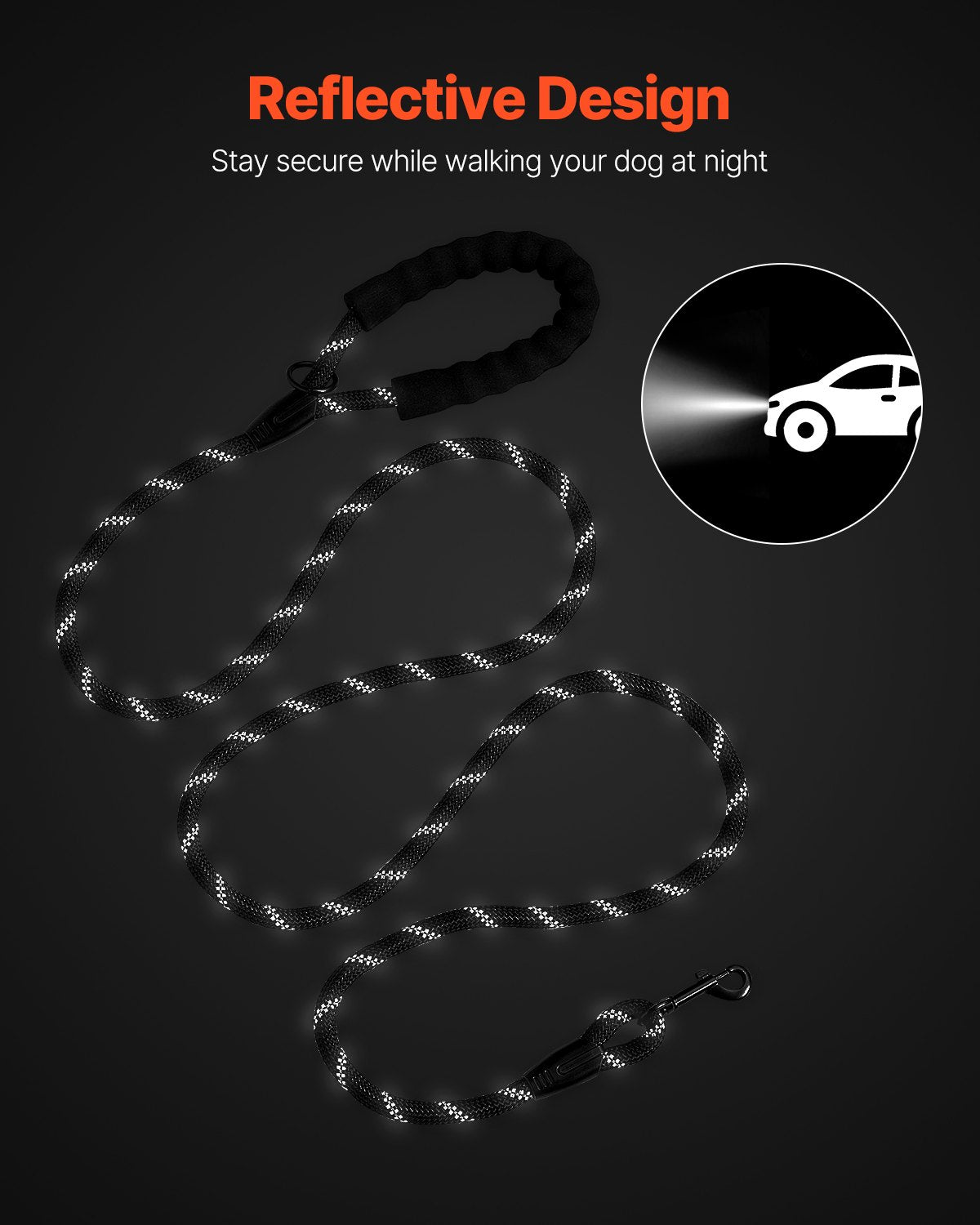Black reflective rope dog leash with bright reflective stitching along length
