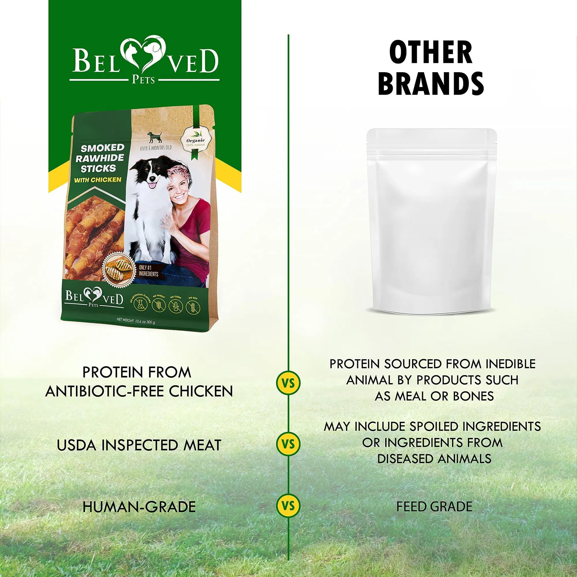 Smoked rawhide sticks with chicken bag compared with a blank pouch container