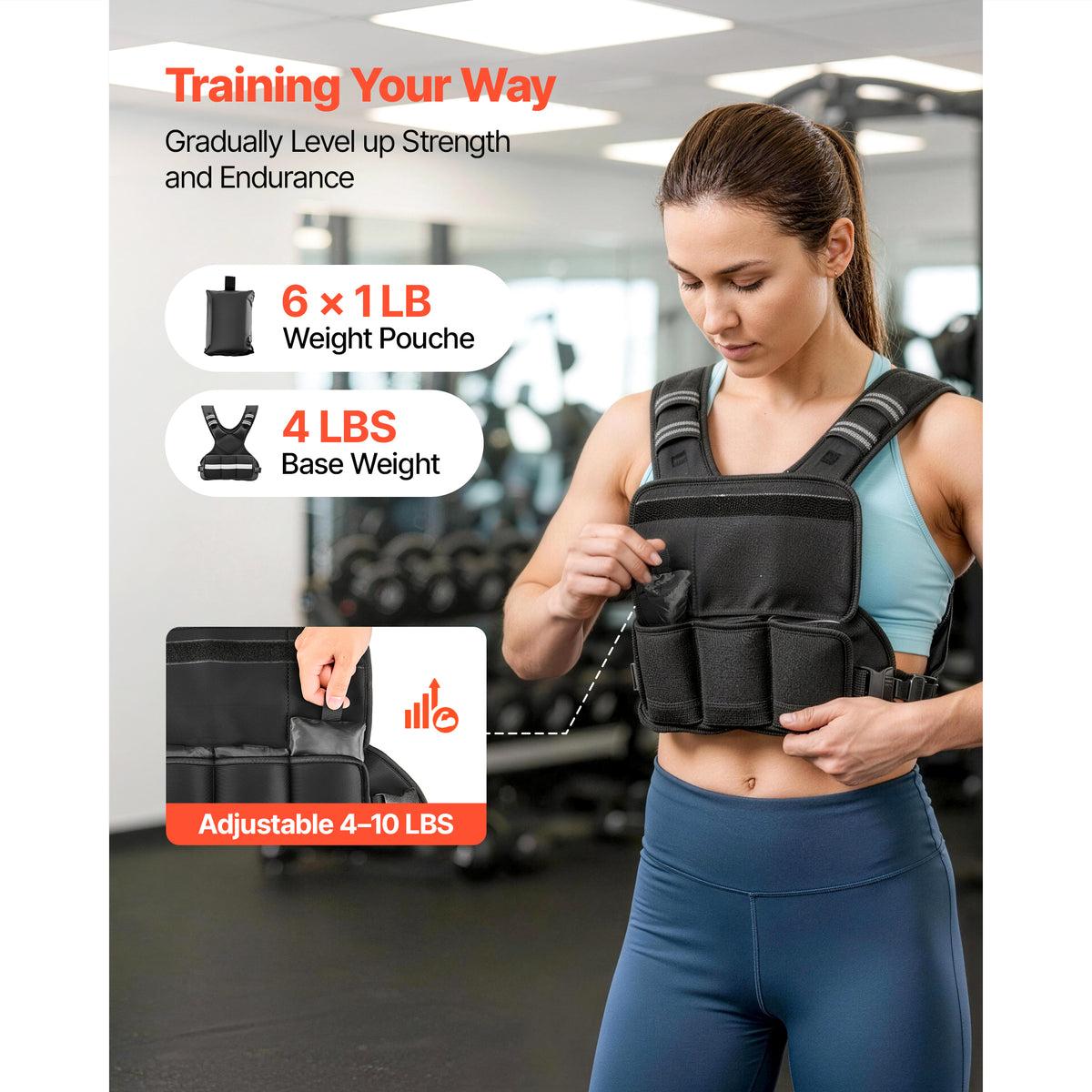 Adjustable weighted vest with weight pouches, worn over blue athletic wear