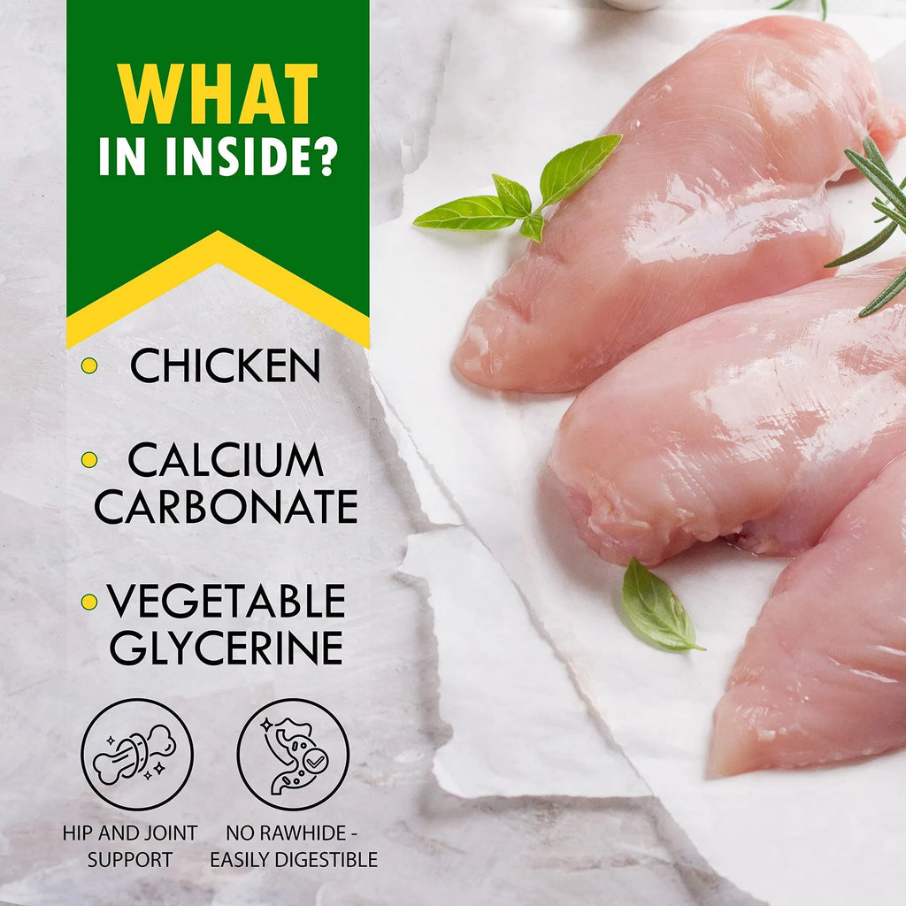 Ingredients shown: chicken, calcium carbonate, vegetable glycerine beside bone chew treats