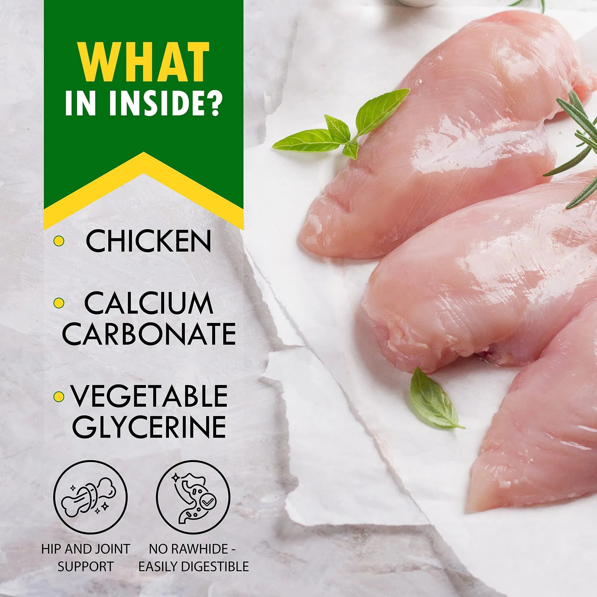 Ingredients shown: chicken, calcium carbonate, vegetable glycerine beside bone chew treats