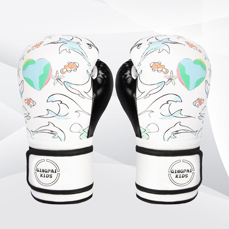 White and black boxing training gloves with colorful dolphin and heart print, padded knuckles