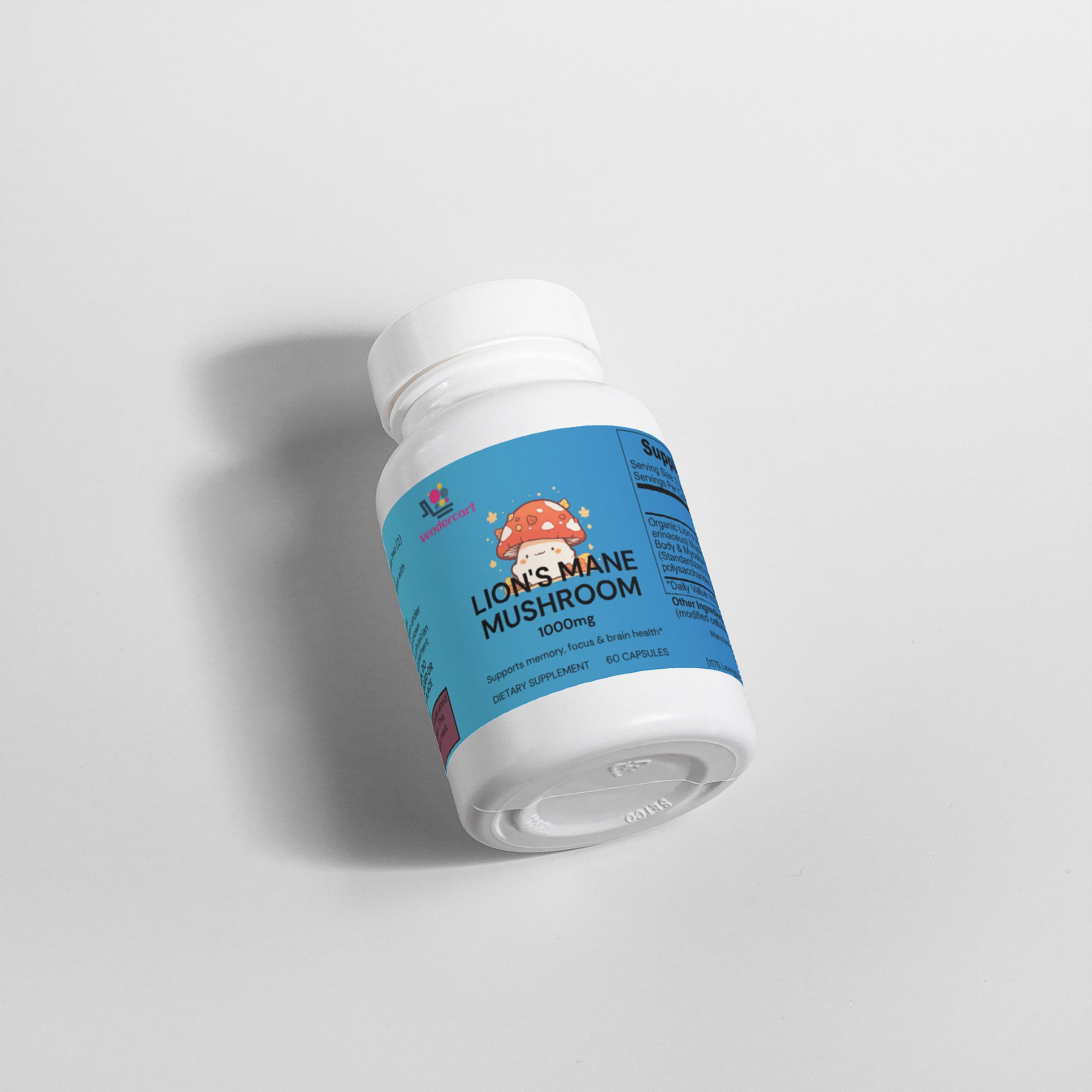 Lion's Mane Mushroom supplement bottle in view, label facing upward with “1000mg” shown.