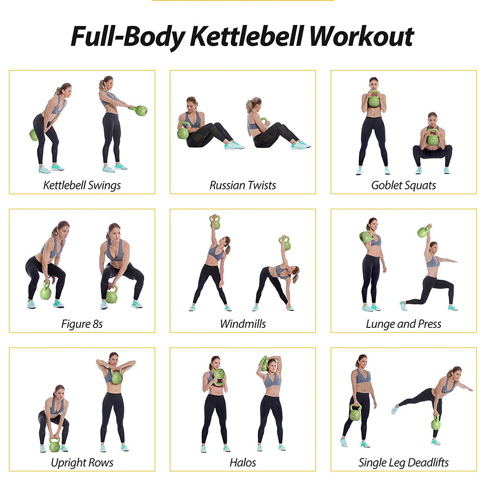 15 lb kettlebell workout guide with multiple exercise poses using a green kettlebell