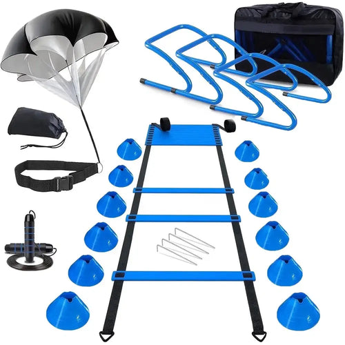 Blue agility ladder training set with cones, metal stakes, and black storage carry bag