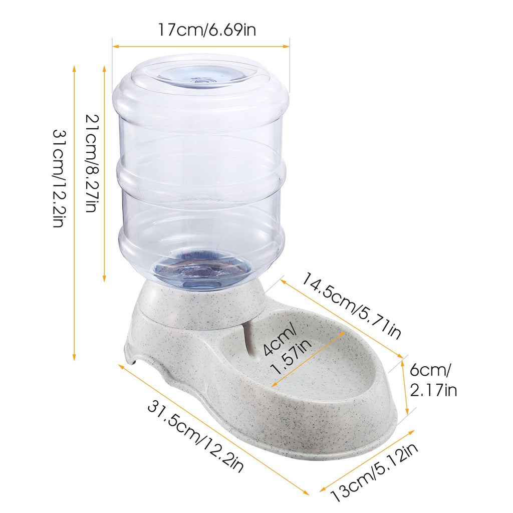 Pet gravity water dispenser with clear barrel and speckled gray base, compact angled bowl