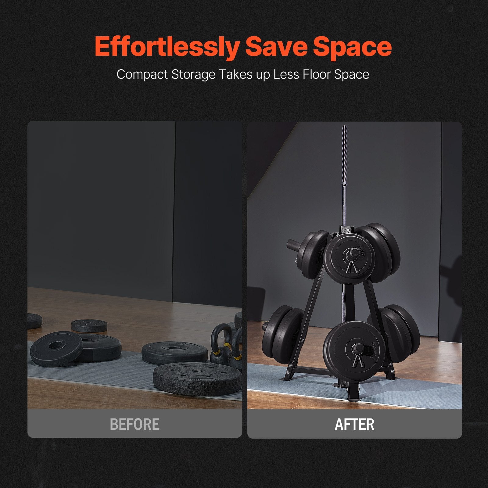 Black weight plate rack storing weight plates upright with a compact footprint