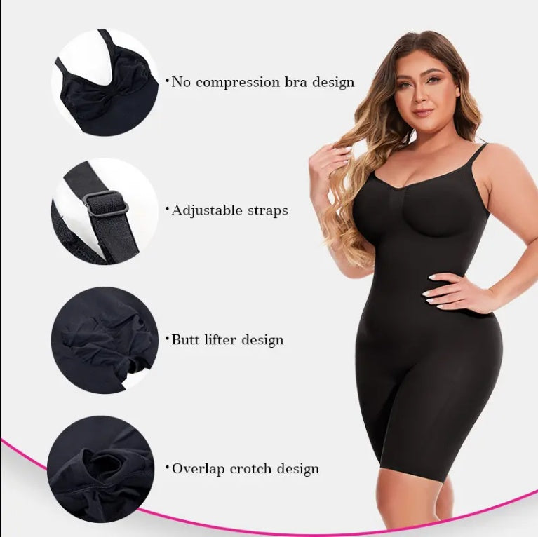 Black shapewear short with adjustable straps, butt-lifter design, overlap crotch