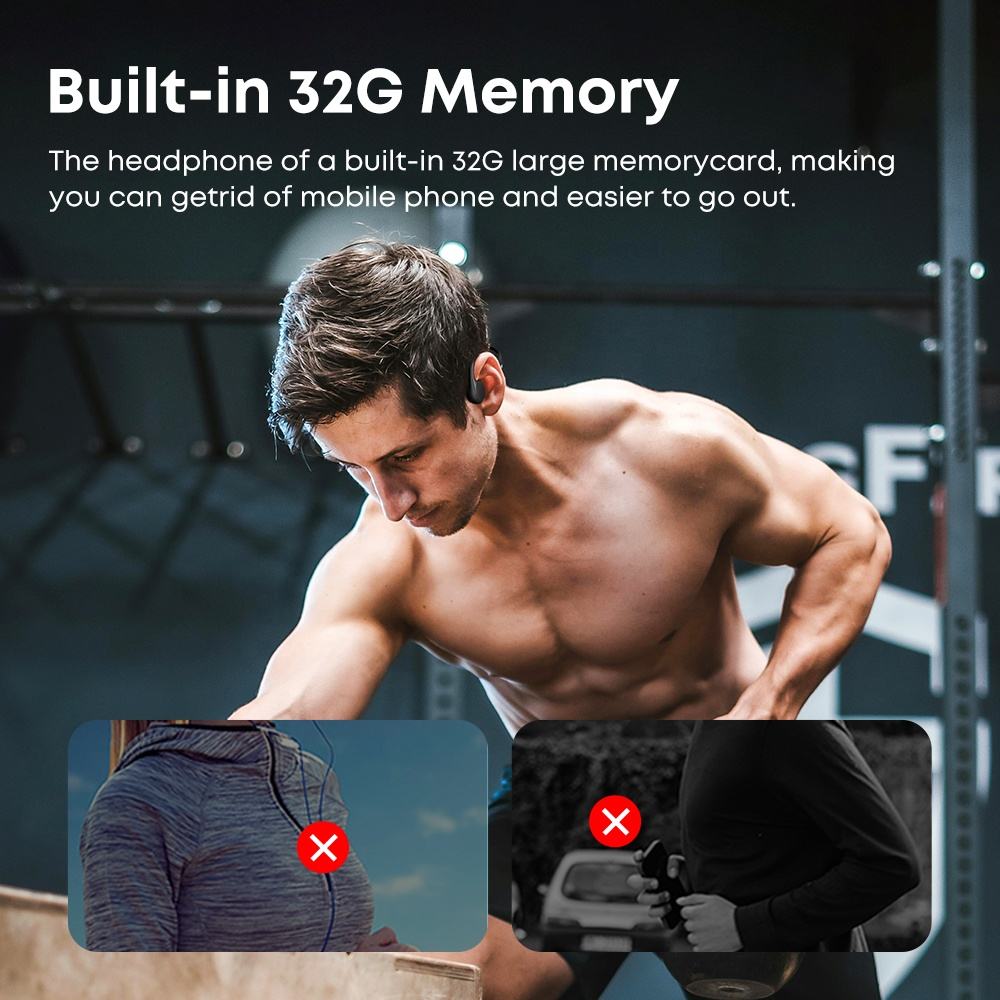 Black waterproof bone-conduction swimming headphones worn during workout, no ear blockage