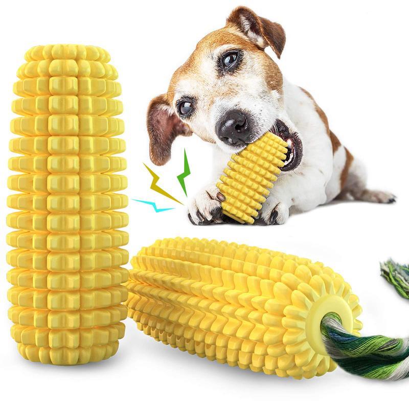 Yellow ridged corn dog chew toy with green cotton rope tail