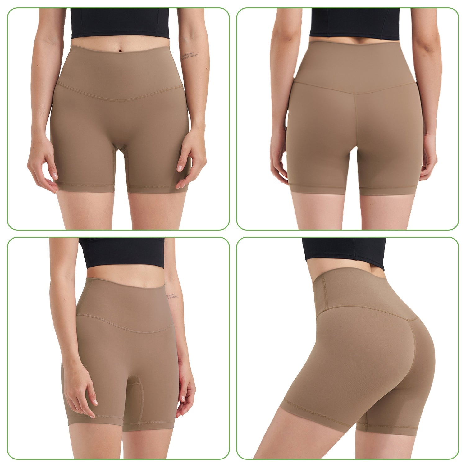 Tan high-waist biker shorts, four-angle view with sculpted waistband