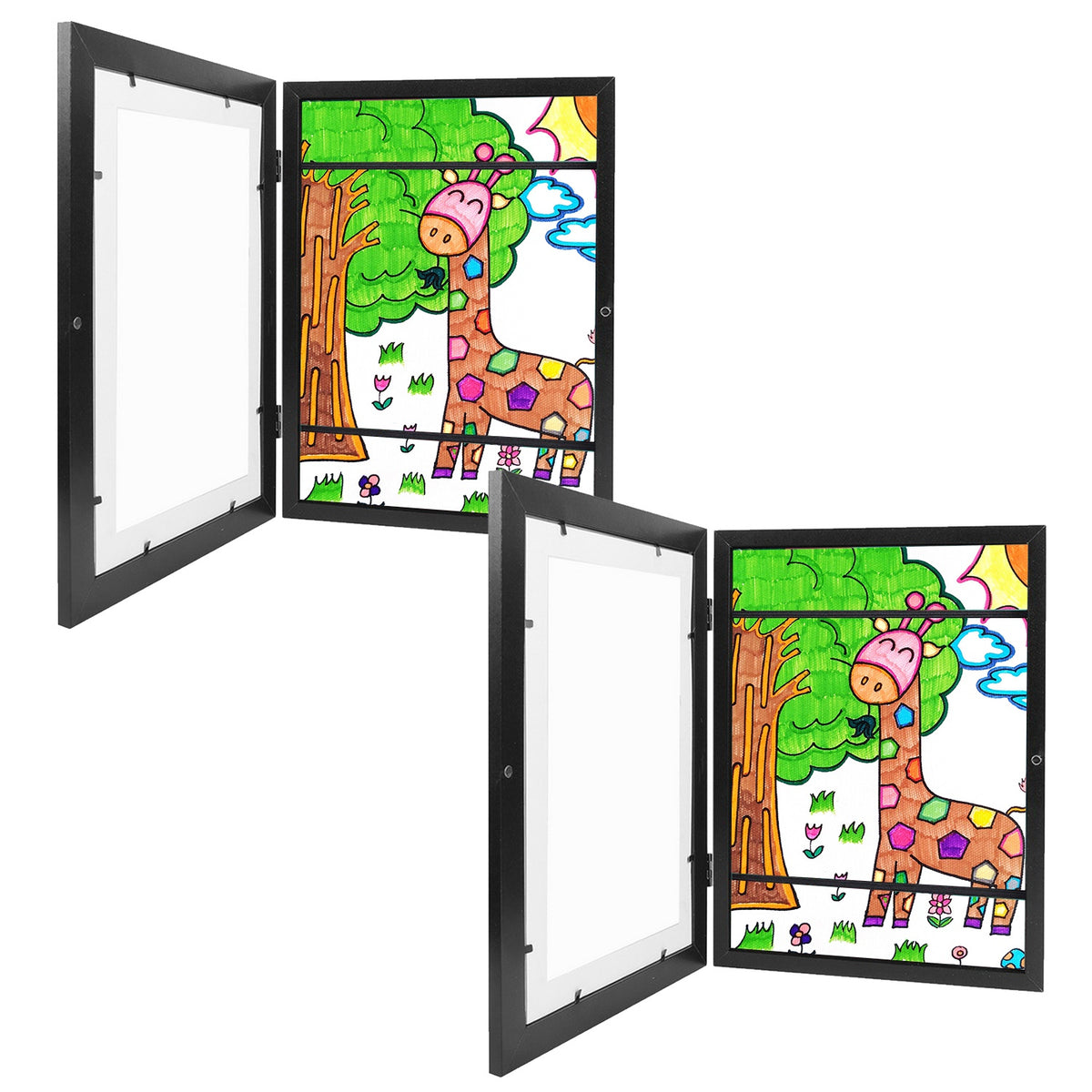 Two black front-opening A4 art frames, one open and one closed, with animal artwork inside.