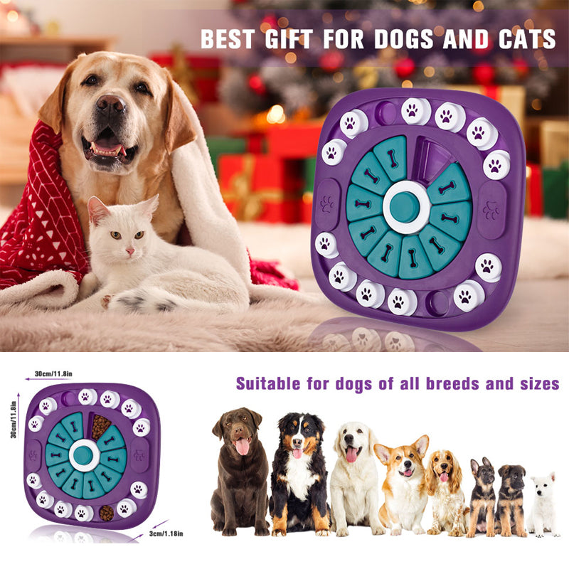 Purple treat puzzle feeder with teal bone tiles and white paw symbols around the edge
