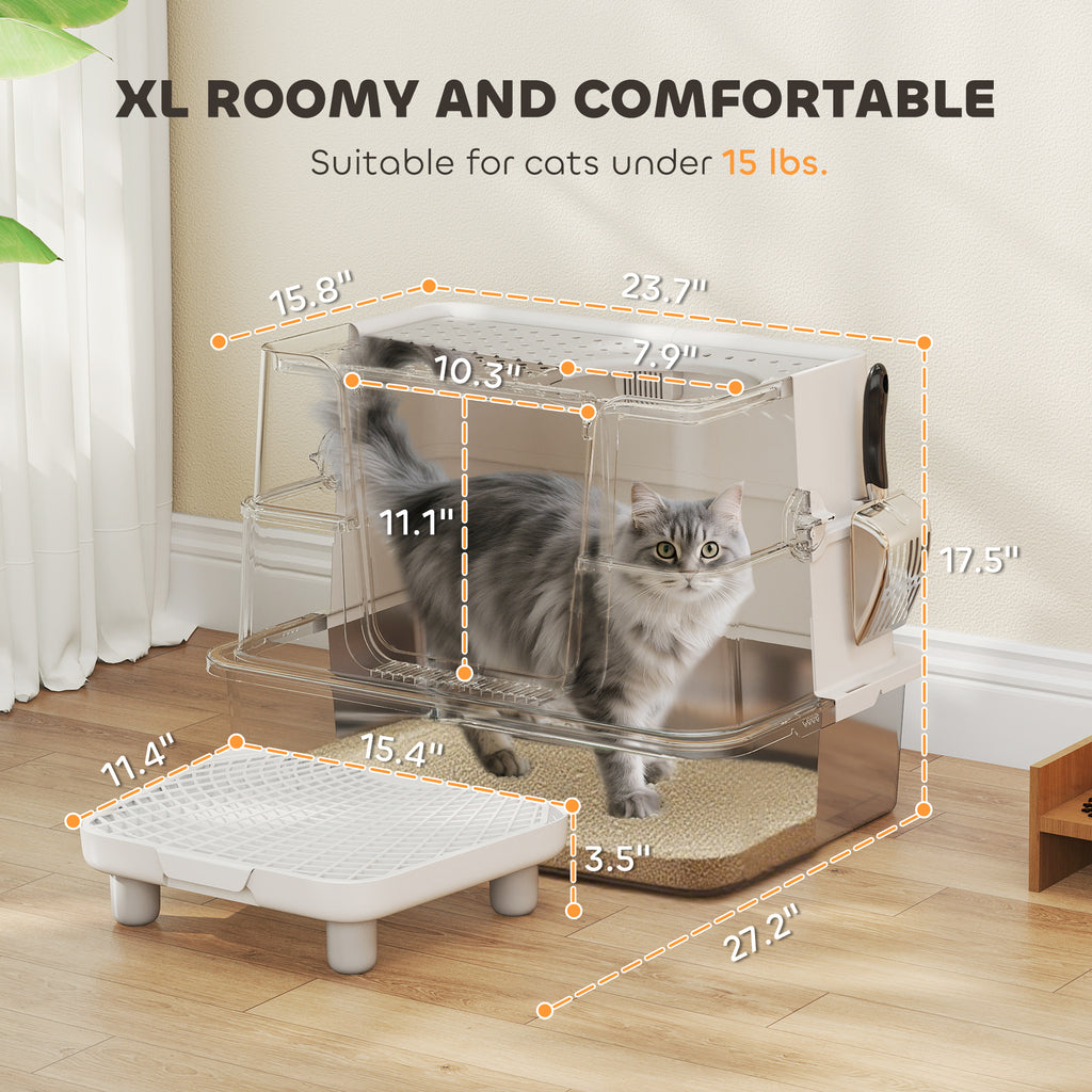 XL litter box with clear enclosure panels and perforated step platform, showing size shape