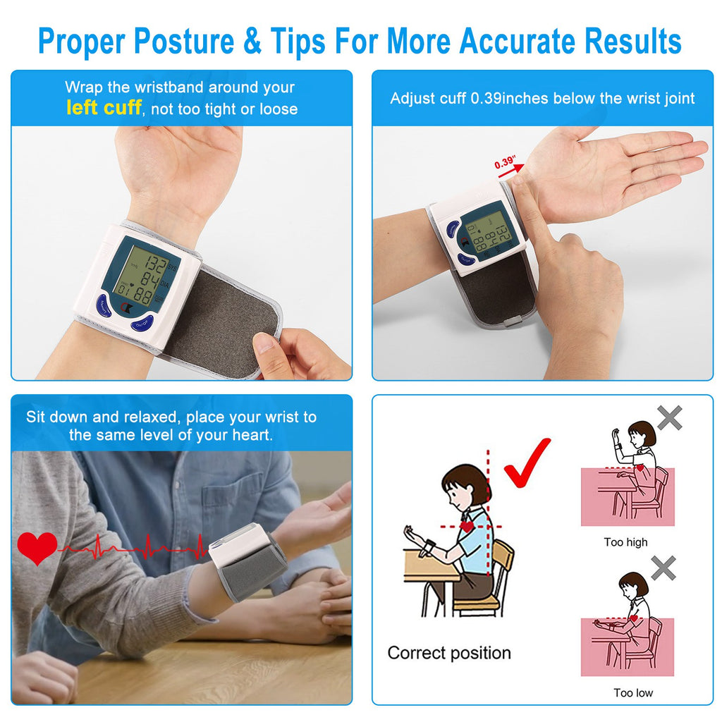Gray-and-white wrist blood pressure monitor on a hand to show proper cuff positioning.