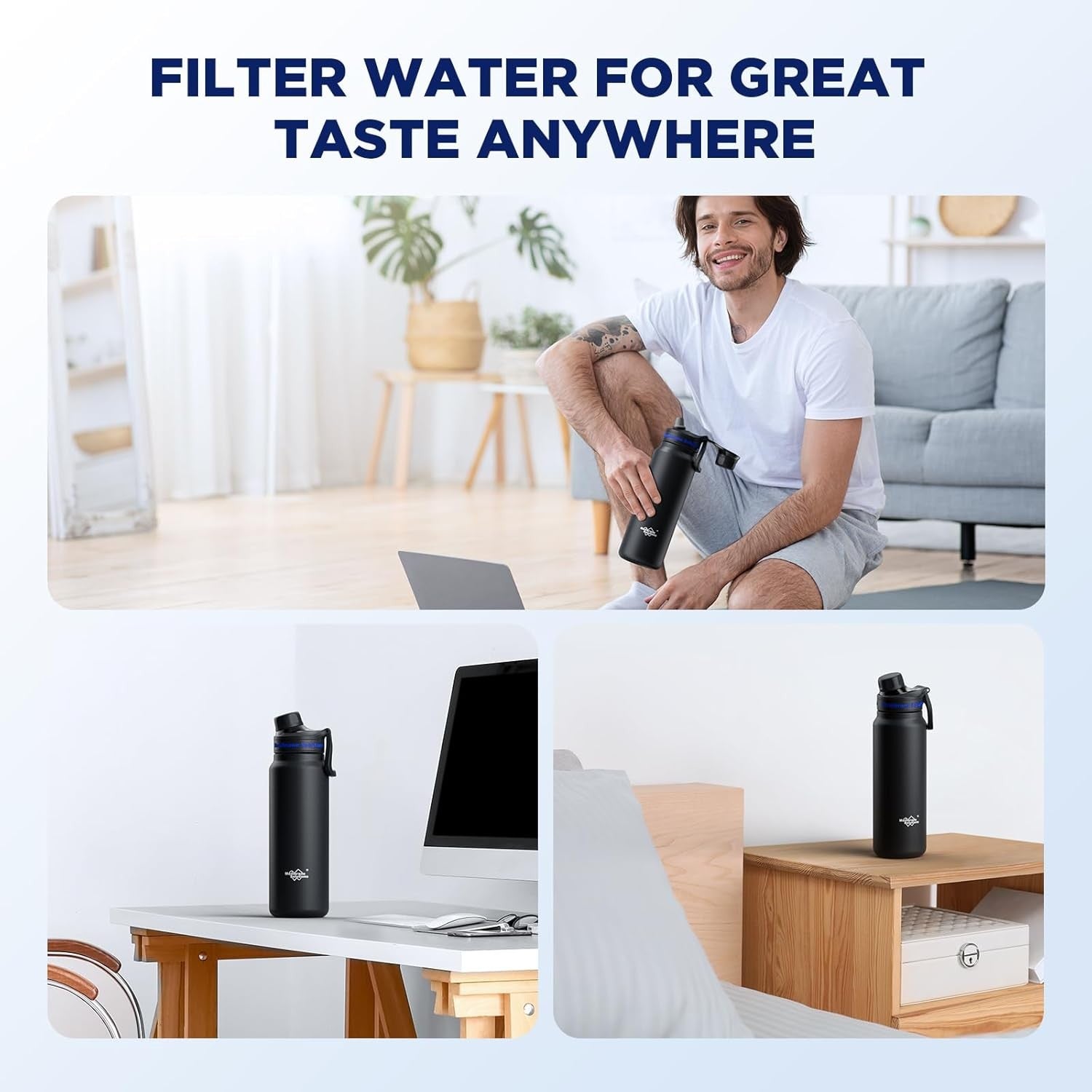 Black filtered water bottle on a tabletop with an indoor lifestyle setting