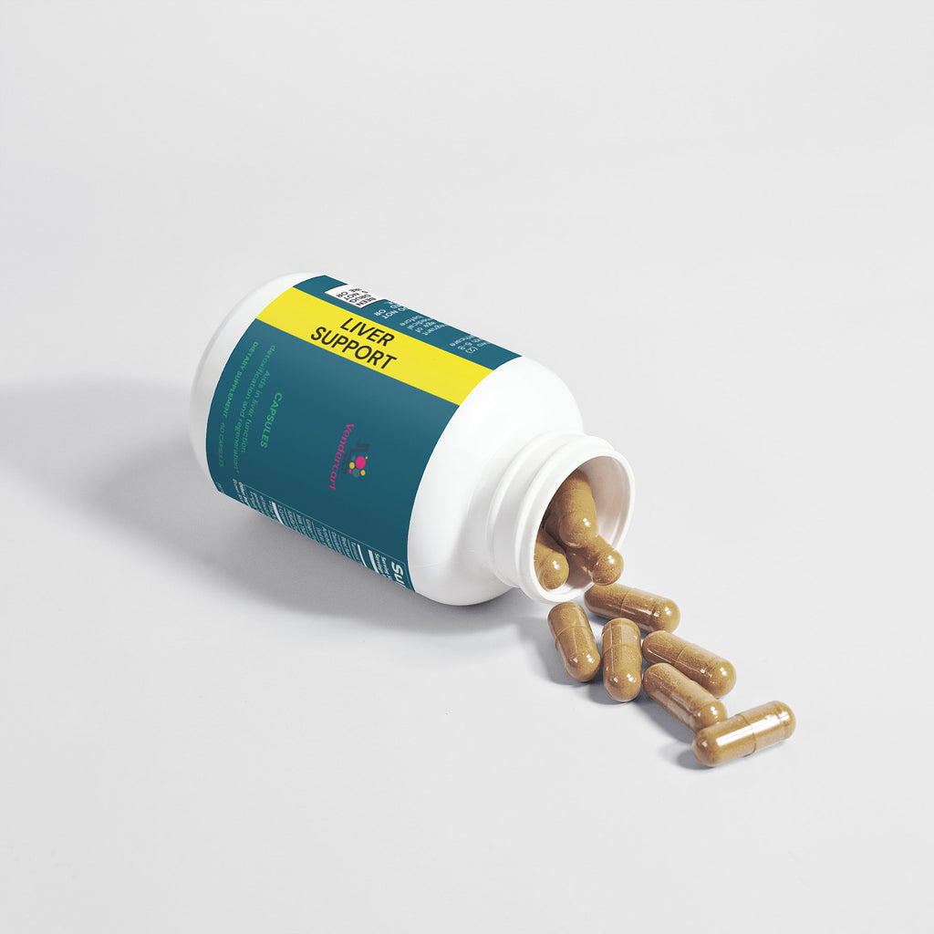 Liver support bottle tipped with clear bottle opening and gold softgels spilling out