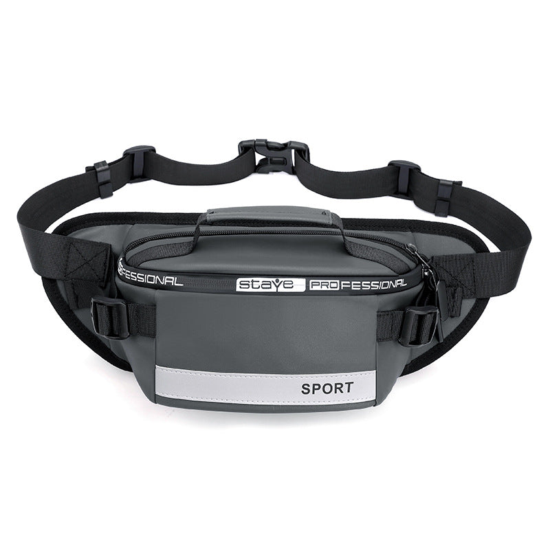 Reflective waist bag with adjustable belt straps, zip front pocket, grey
