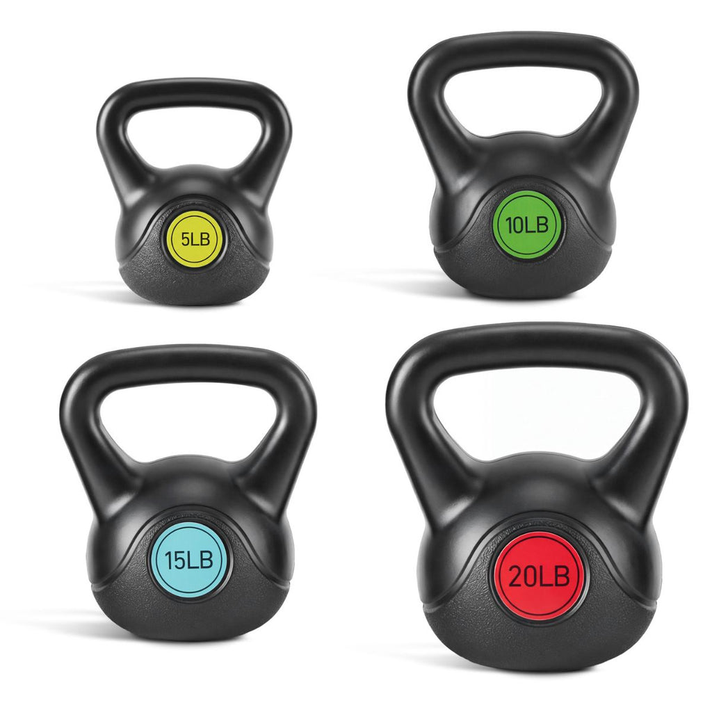 Four black kettlebells with wide handles and colored 5LB,10LB,15LB,20LB weight discs