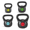 Four black kettlebells with wide handles and colored 5LB,10LB,15LB,20LB weight discs