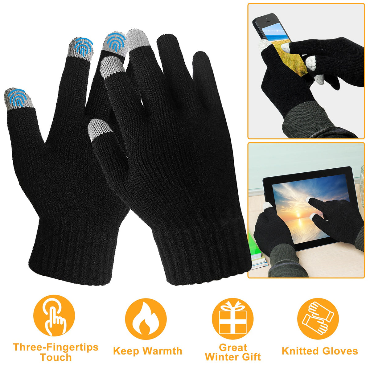 Black knit touchscreen winter gloves with gray finger tips and cuff