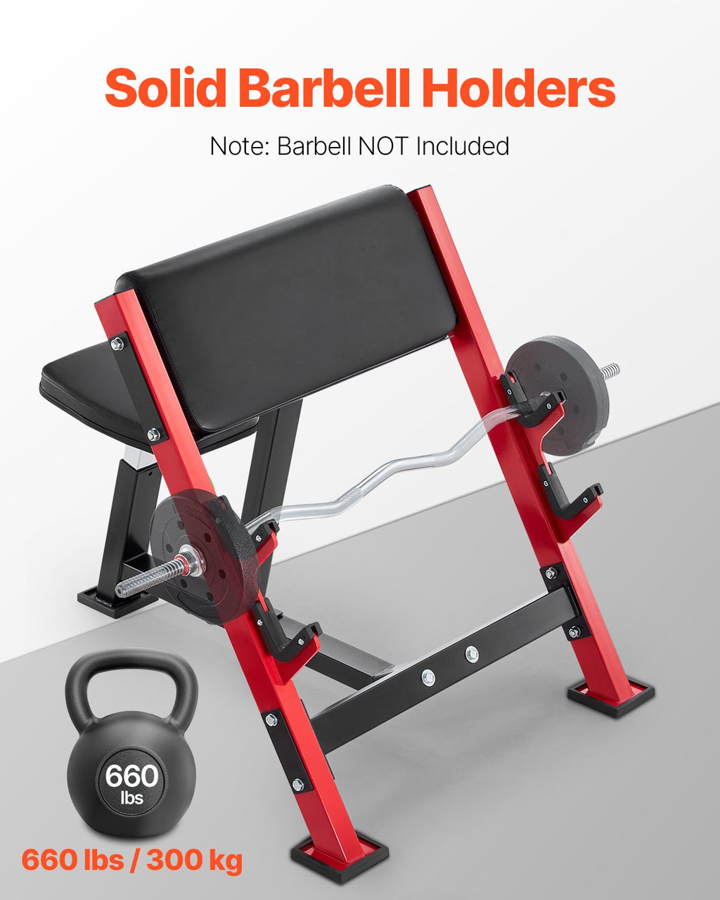 Preacher curl bench with black pad, red frame, and barbell holders for curls