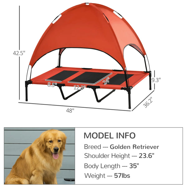Red elevated dog cot with arched canopy and striped mesh sleeping deck