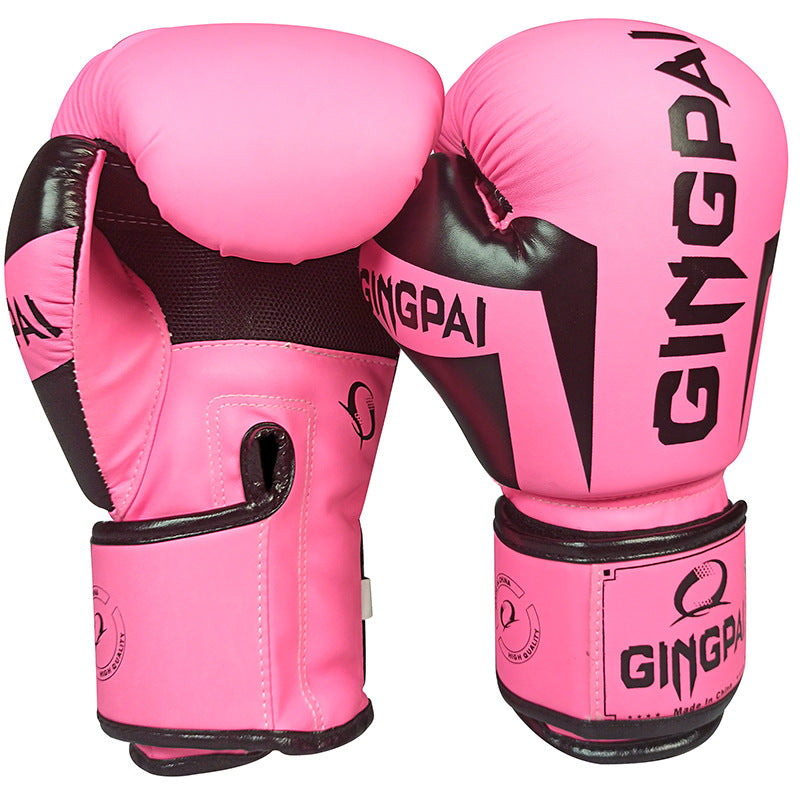 Boxing training gloves in bright pink with black details and arched wrist branding