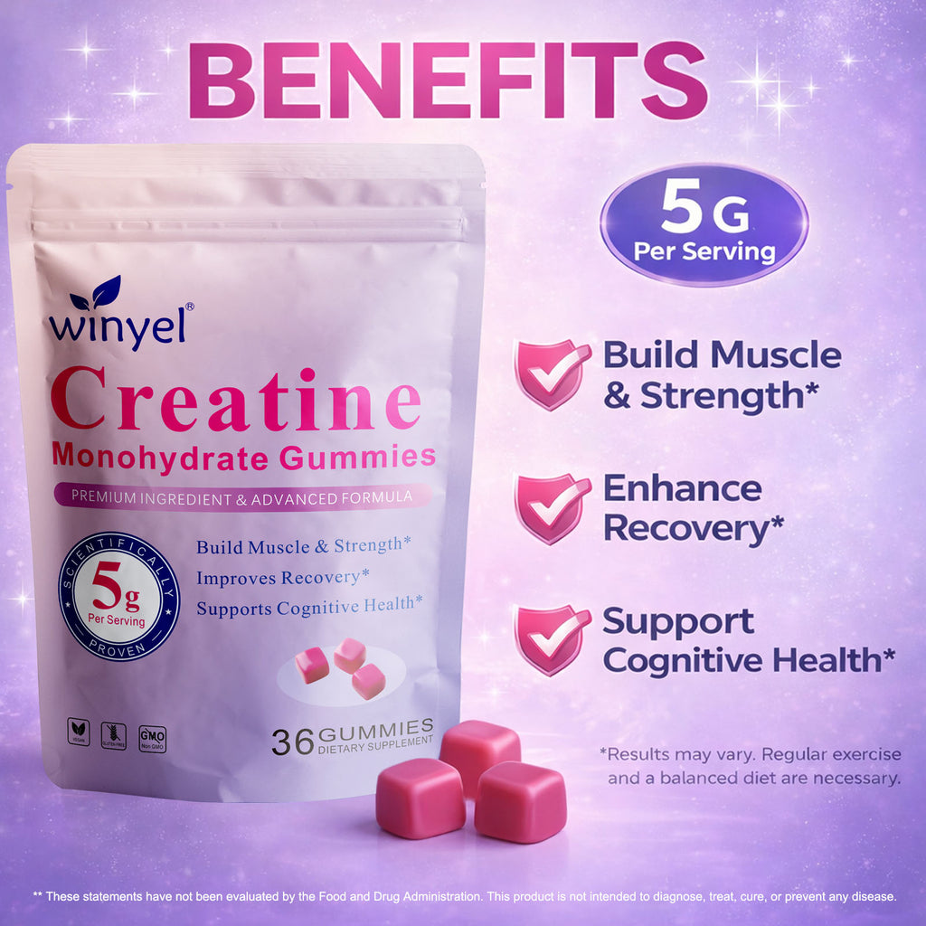 Creatine monohydrate gummies pouch with benefits icons: 5g per serving, muscle and recovery