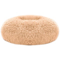 Tan plush oval pet sofa bed with shag fleece texture and raised center