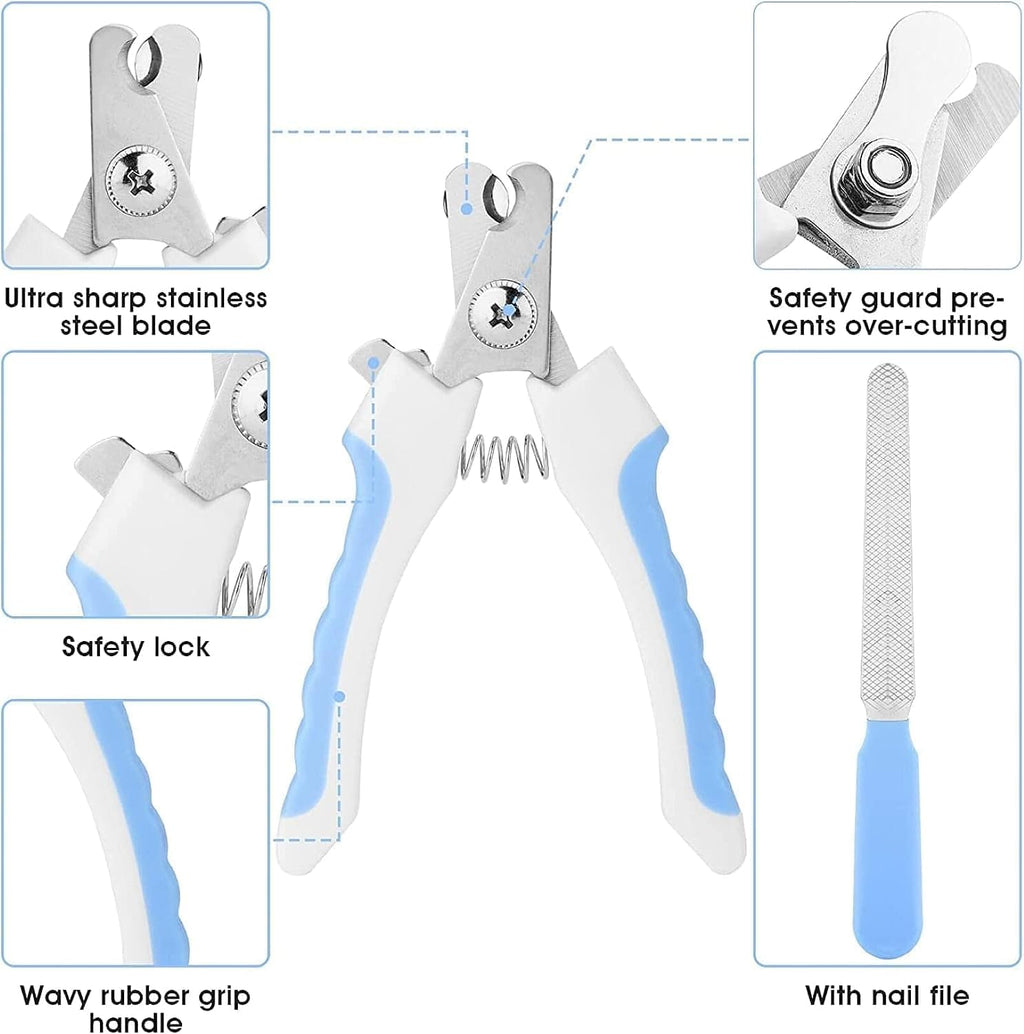 Blue-handled stainless nail clipper with safety guard, wavy grip, and nail file