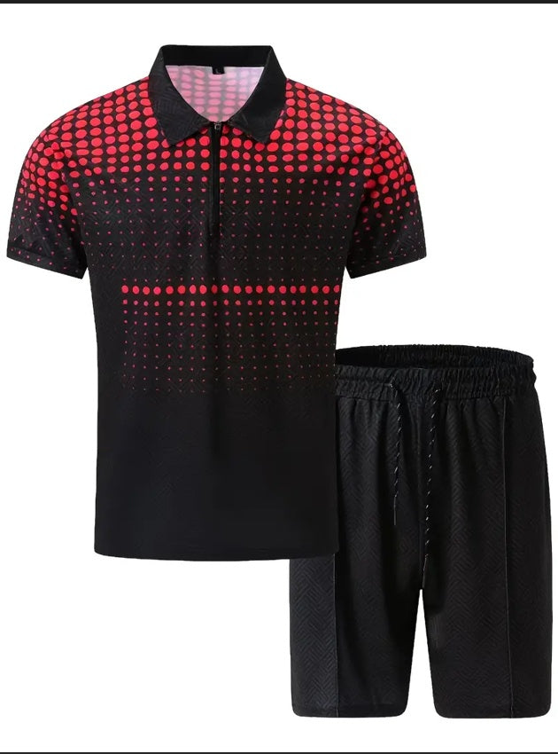Black short-sleeve polo set with red dot pattern and drawstring training shorts