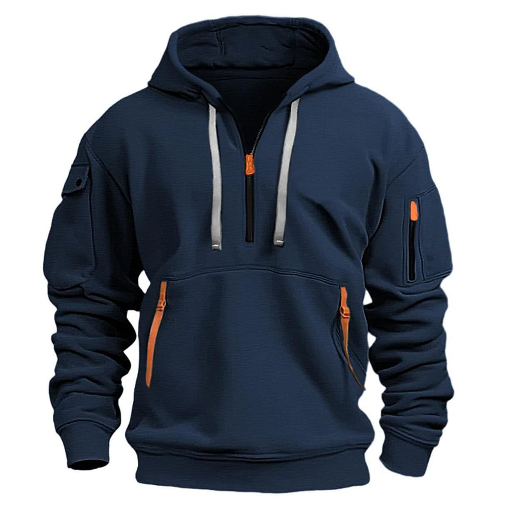 Oversized navy hoodie with hood, white drawstring tips, kangaroo pocket, sleeve zip pockets