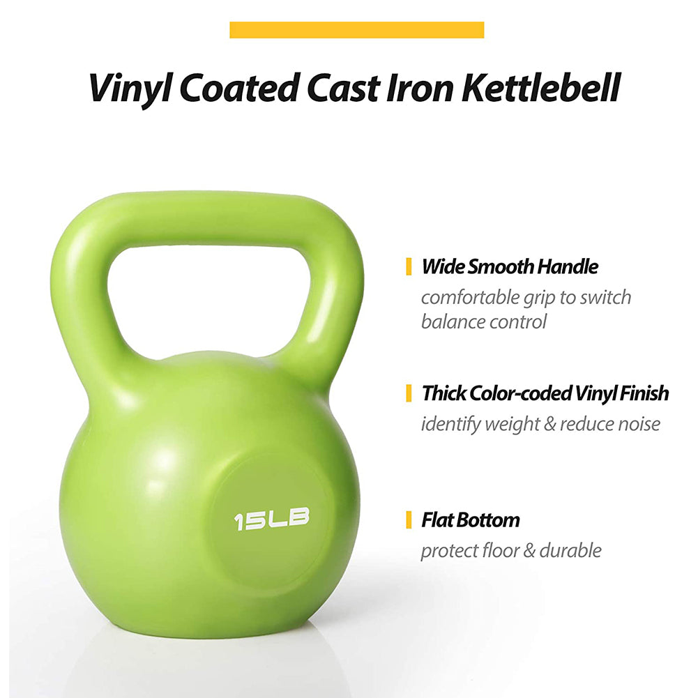 15 lb vinyl coated cast iron kettlebell with wide smooth handle and flat bottom