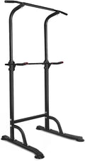 Black height-adjustable pull-up dip station with crossbar and curved foot supports
