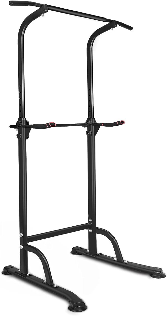 Black height-adjustable pull-up dip station with crossbar and curved foot supports