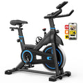 Upright fitness bike with LCD display, adjustable seat and handlebars, blue accents